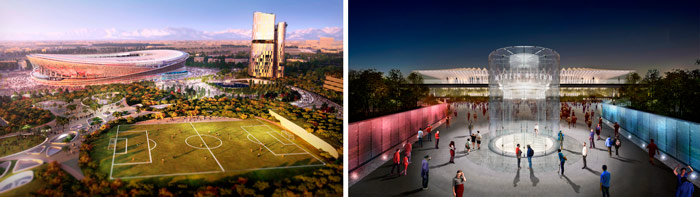 Beim Entwurf von MANICA (links) würde das Spielfeld bleiben, Populous (rechts) würde ein Museum errichten.