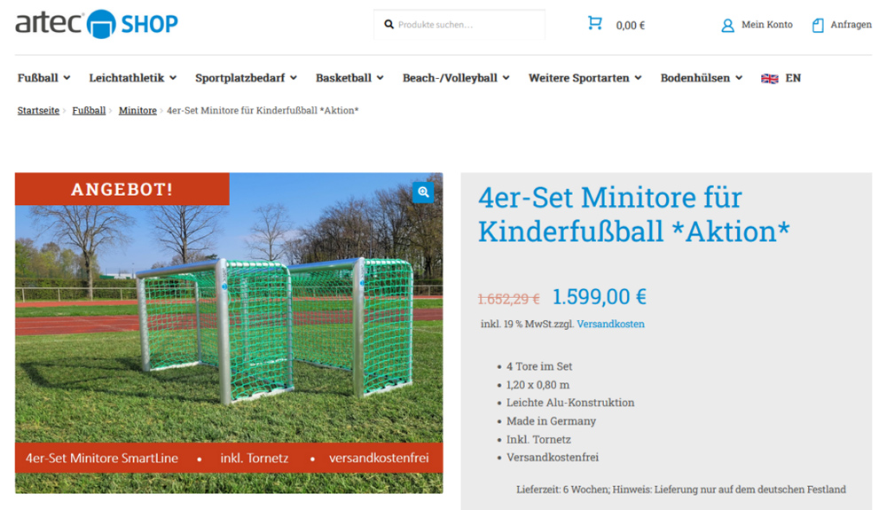 Zum Verkaufsstart bietet artec die Kinderfußballtore zum Aktionspreis an.