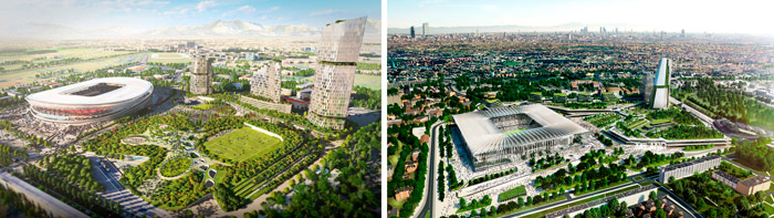 MANICA (links) und Populous (rechts) haben ihre Vorschläge für das neue Mailänder Stadion präsentiert.