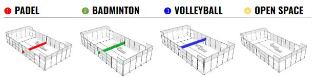 Das höhenverstellbare Netz verwandelt den Padel Court binnen Minuten zum Badminton- oder Volleyballfeld.