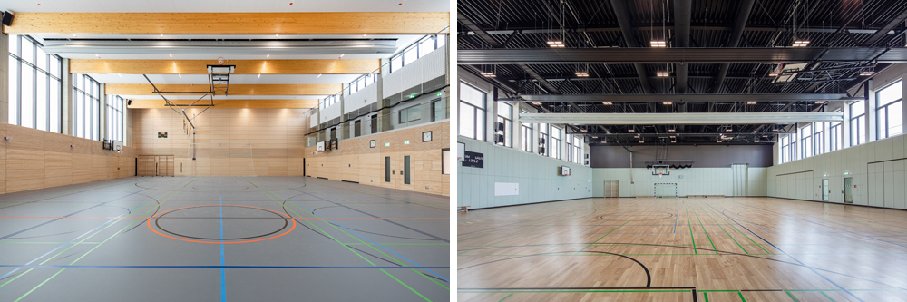 Typensporthalle Güner Campus Malchow, Berlin-Lichtenberg (links); 3-Fach-Sporthalle Marie-Curie-Schule, Leipzig (rechts)