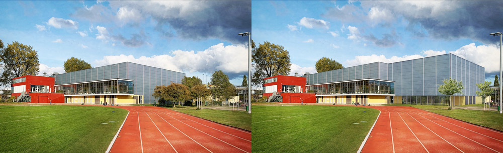 Die Schänzle-Halle in ihrer aktuellen Form (links) und nach der geplanten Erweiterung (rechts).